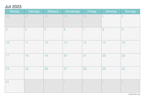 Kalender Juli 2023 Zum Ausdrucken