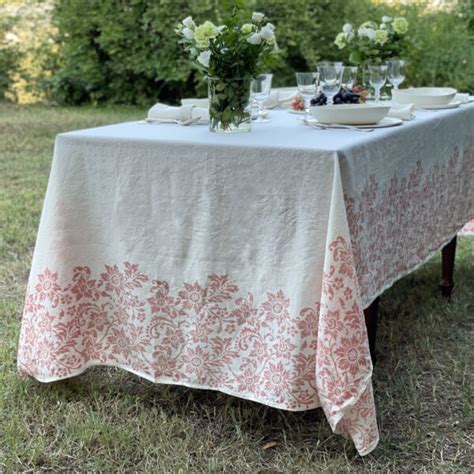 Hand Printed Linen Tablecloth Fleure Sauvage Burgundy Allora