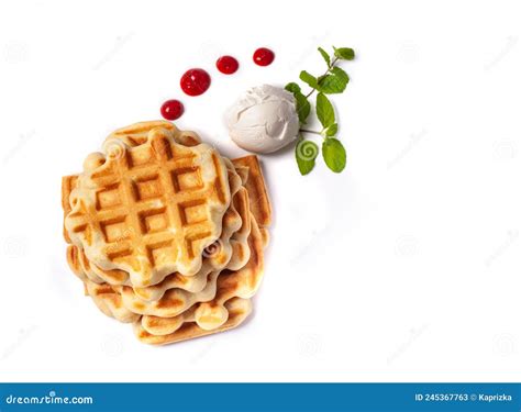 Homemade Freshly Baked Belgian Waffles With Mascarpone Mint Leaves And