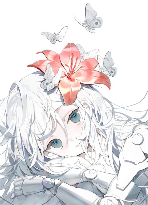 Safebooru 1girl Blue Eyes Bug Butterfly Closed Mouth Expressionless Flower Hair Between Eyes