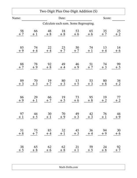 Two Digit Plus One Digit Addition With Some Regrouping 64 Questions S