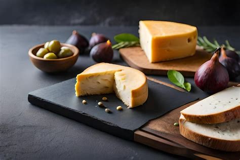 Premium AI Image | Cheese on a cutting board with olives and olives