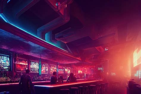 Premium Photo | Bar stools in cyberpunk bar in cyberpunk city neons ...