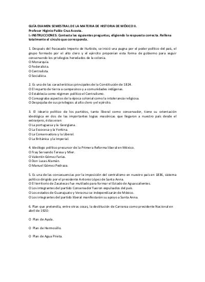 GUÍA EXAMEN SEMESTRAL DE LA MATERIA DE HISTORIA DE MÉXICO II