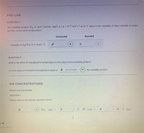 Solved PRE LAB QUESTION 1 The Solubility Product Kip Of Chegg