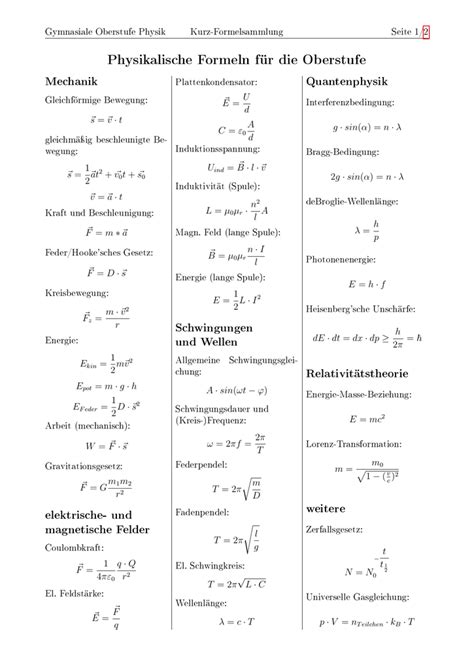 Physikalische Formeln Für Die Oberstufe