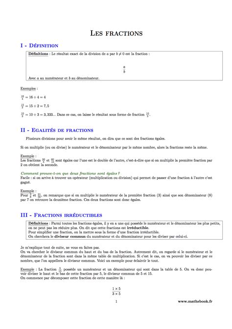 Fractions Cours Pdf Imprimer Maths Me