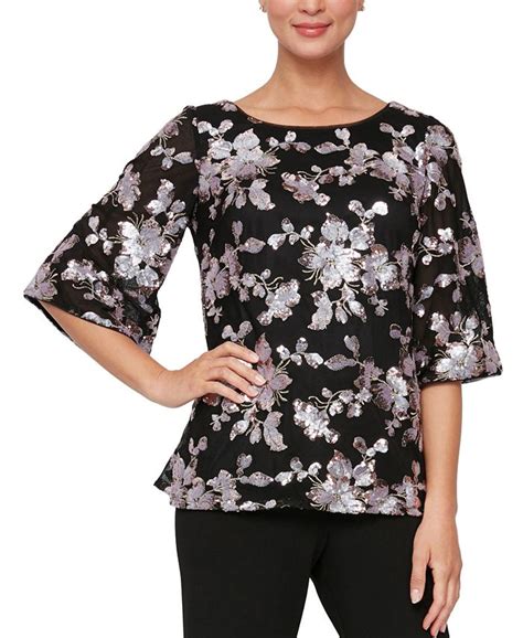 Alex Evenings Womens Sequined Floral Blouse Macys