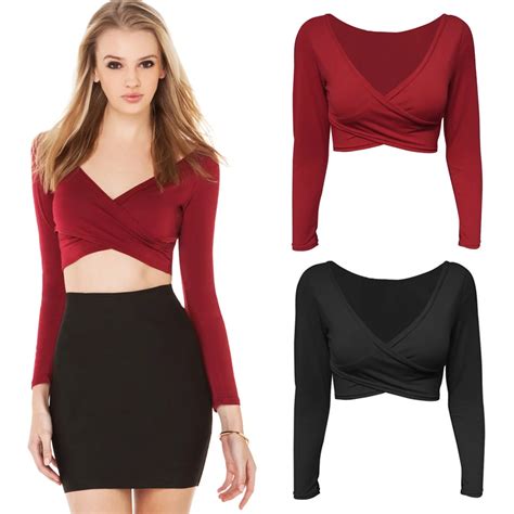 New Fashion Cropped Crop Top Plunge V Neck Shirt Women Cross Front Long