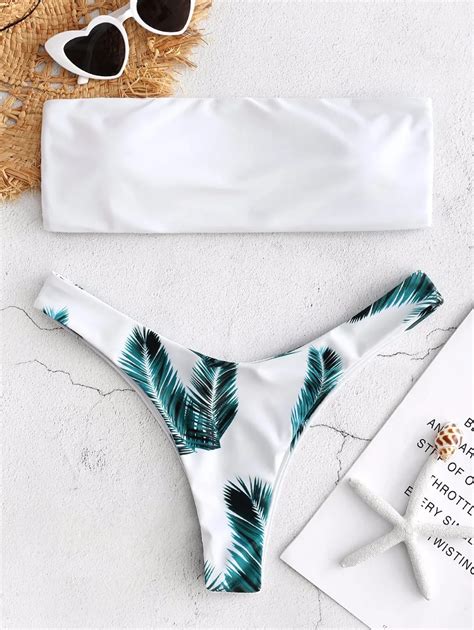 Women New Leaf Printed Bandeau Women Bikini Set Strapless High Cut