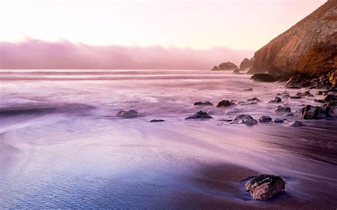 Nature Stones Sea Beach Sand Shore Bank Fog Morning Haze Hd