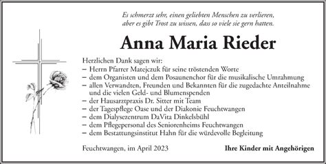 Traueranzeigen Von Anna Maria Rieder Trauer Flz De