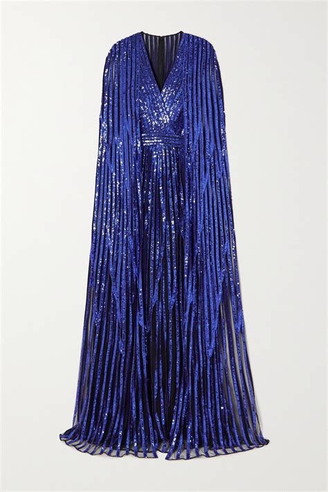 Elie Saab Cape Effect Sequined Embroidered Tulle Gown Editorialist