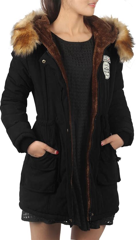 Femme Manteau Fourrure Hiver Noir Parka Capuche Trench Coat Veste Epais