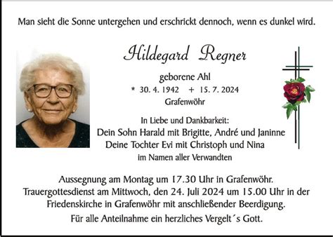 Traueranzeige Hildegard Regner Grafenw Hr Oberpfalzecho