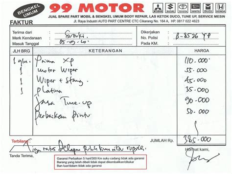 Contoh Nota Bengkel Mobil Jejak Belajar