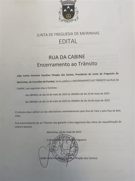 Edital RUA DA CABINE Encerramento Trânsito Junta de Freguesia de