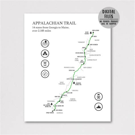 Appalachian Trail Map | Appalachian Hiking Trail Map | Hiking Gift ...