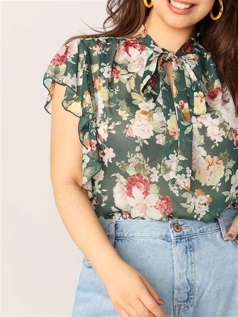 Shein Plus Tie Neck Flutter Sleeve Floral Blouse Floral Blouse