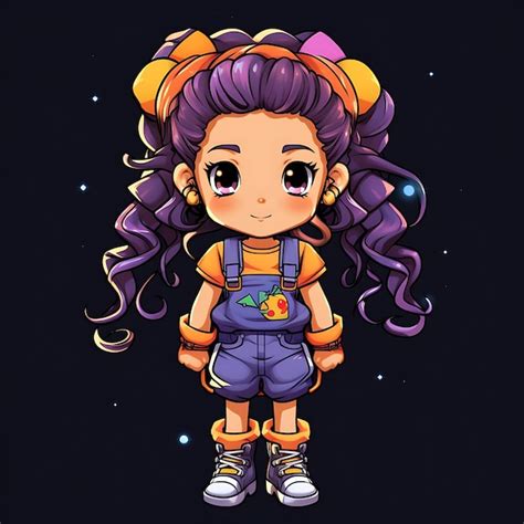 Personaje de neón de chica Kawaii Chibi con coletas rizadas Conjunto de