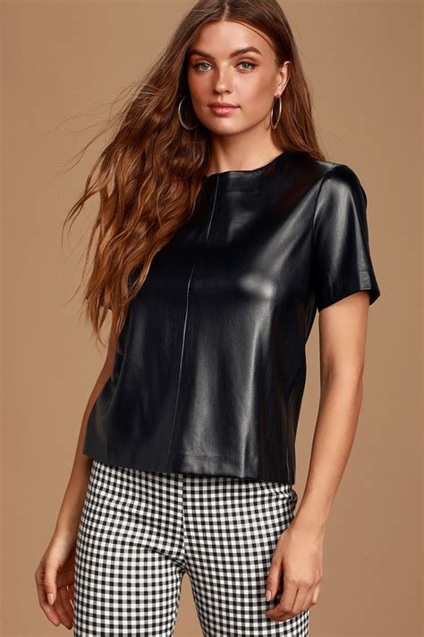 Chic Black Top Vegan Leather Tee Short Sleeve Top Lulus