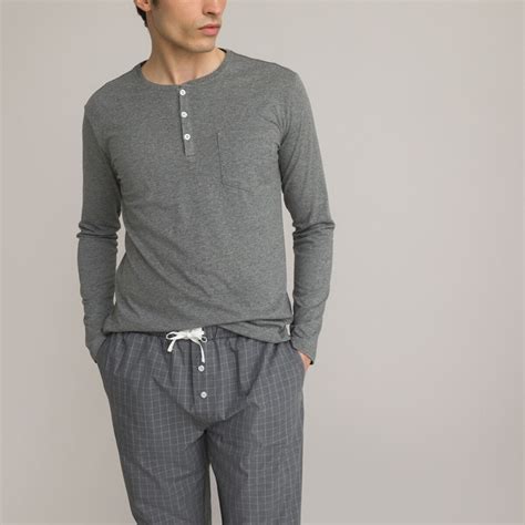 Cotton Mix Pyjamas With Buttoned Grandad Top Grey Marl La Redoute Collections La Redoute