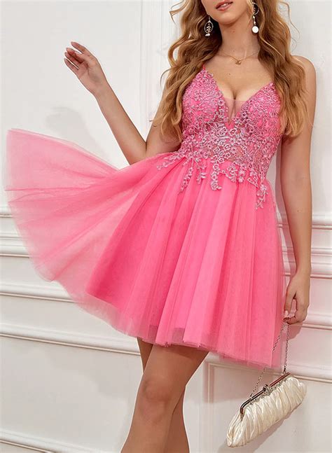 A Line V Neck Sleeveless Short Mini Tulle Homecoming Dresses With