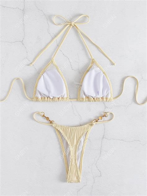 Shein Swim Vcay Summer Beach Faux Pearl Decor Tie Back Triangle Thong Bikini For Sale Australia