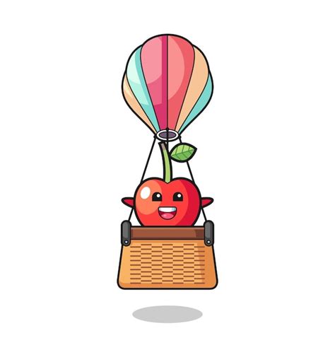 Premium Vector Cherry Mascot Riding A Hot Air Balloon Cute Design