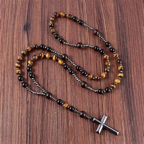 Tiger S Eye Onyx Prayer Beads Catholic Christ Hematite Cross Pendant