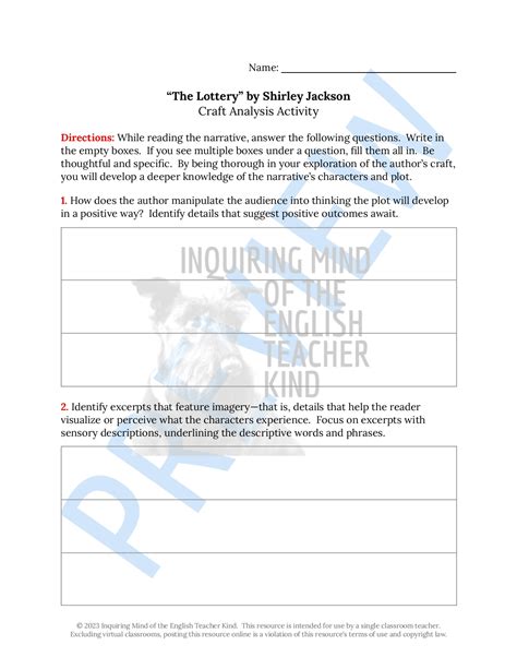 The Lottery By Shirley Jackson Craft Analysis Worksheet Made By