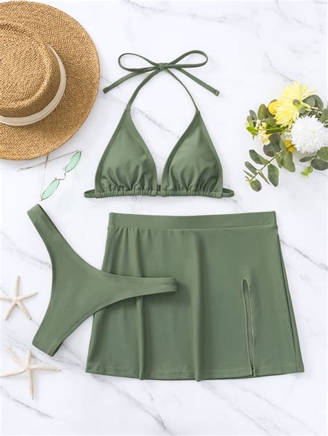 Plain Halter Triangle Bikini Swimsuit With Beach Skirt SHEIN USA