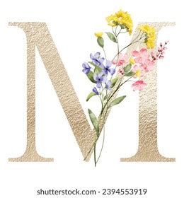 Gold Letter Watercolor Flowers Leaves Floral Stock Illustration