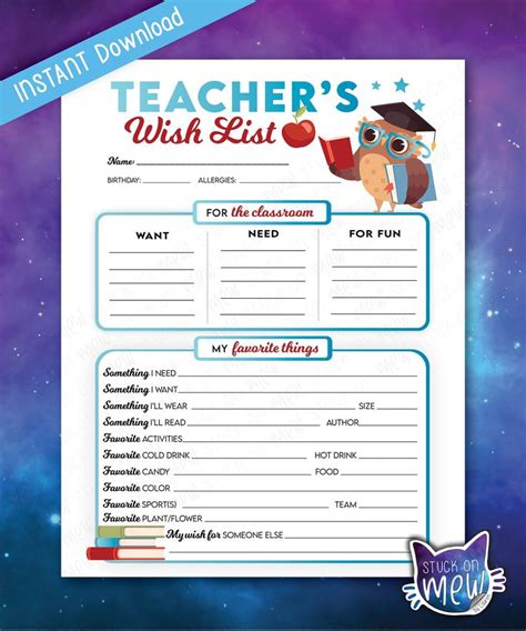 Printable Teachers Favorite Things Wish List Questionnaire Wish List