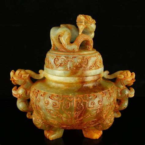 Vintage Chinese Hetian Jade Chi Dragon Legs Incense Burner Hetian