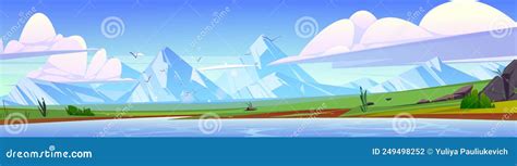 Summer Landscape With Lake Fields And Mountains Stock Illustration