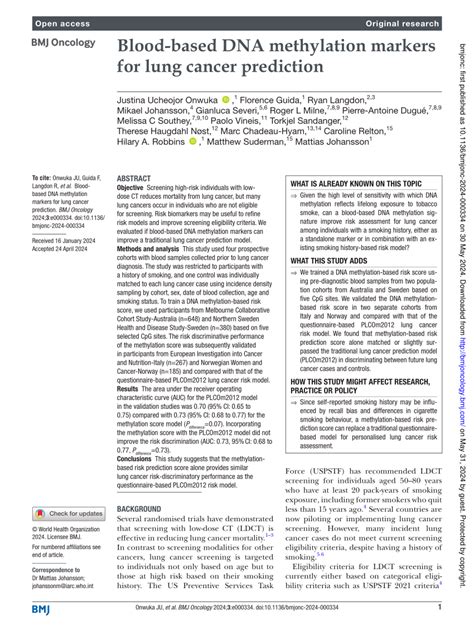 Pdf Blood Based Dna Methylation Markers For Lung Cancer Prediction