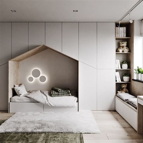 Minimalist Kids bedroom with ample storage, a quaint little bed and a ...