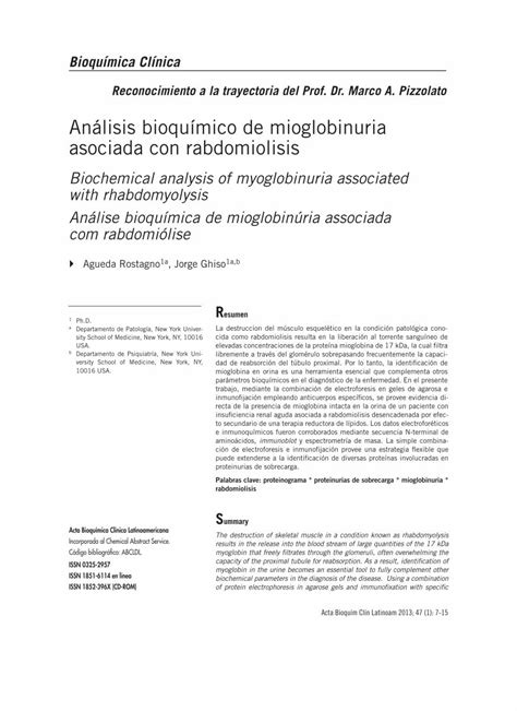 Pdf An Lisis Bioqu Mico De Mioglobinuria Asociada Con