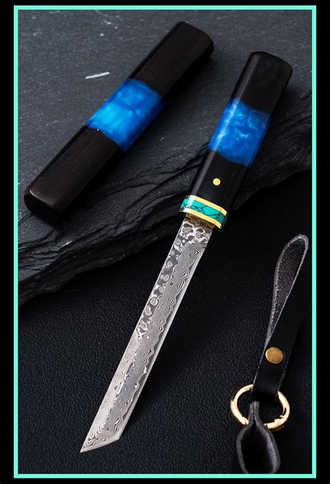 Handmade Damascus Tanto Knife With Wood And Resin Accents Sheath Etsy