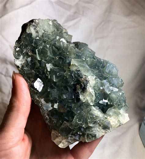 G Large Green Cubic Fluorite With Clear Quartz Crystal Cluster Specimen