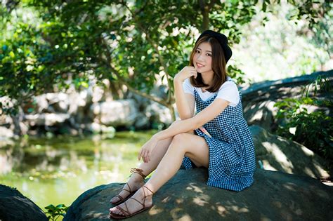 Picture Brown Haired Smile Pose Female Legs Asian Sit Dress