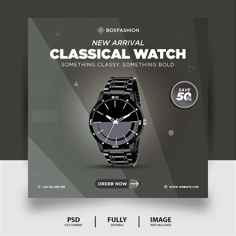 Premium Psd Grey Color Classical Watch Brand Product Social Media