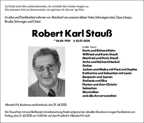 Traueranzeigen von Robert Karl Stauß vrm trauer de