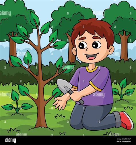 Boy Planting Trees Colored Cartoon Illustration Stock Vector Image And Art Alamy