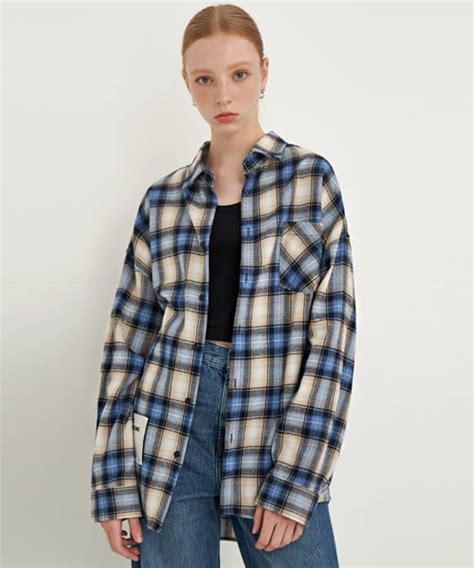 MUSINSA LADY VOLUME UNISEX OVERFIT SQUARE CHECK SHIRT BLUE