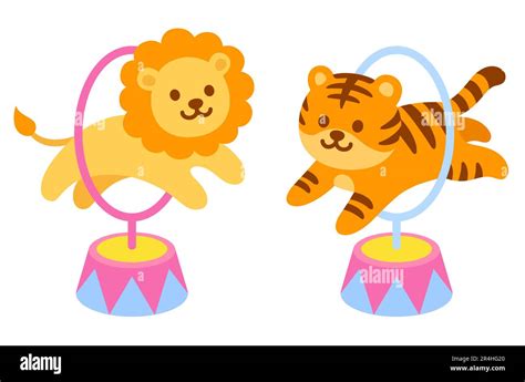 Cartoon circus tiger and lion jumping through hoop. Cute and funny ...