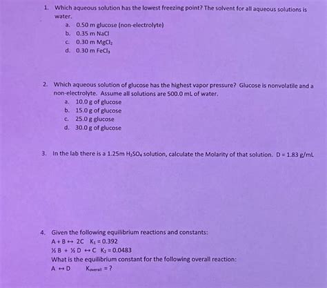 Solved 1 Which Aqueous Solution Has The Lowest Freezing Chegg