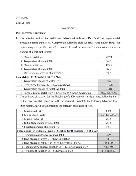 Calorimetry Lab Report Chem Calorimetry Pre Laboratory