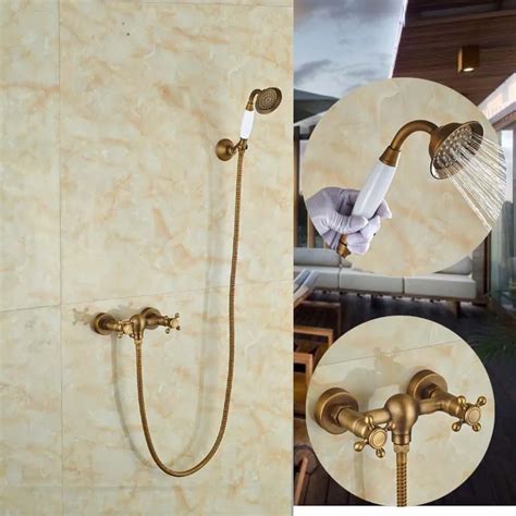 Tel Shape Antique Brass Bathroom Shower Faucet Dual Cross Handles Hand